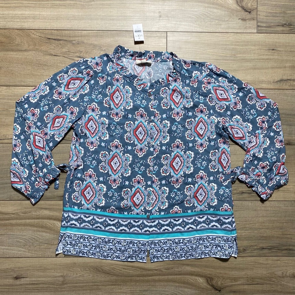 LOFT Outlet Women's Mosaic Print Button Up Shirt Size Small Tie Cuffs Side Slits